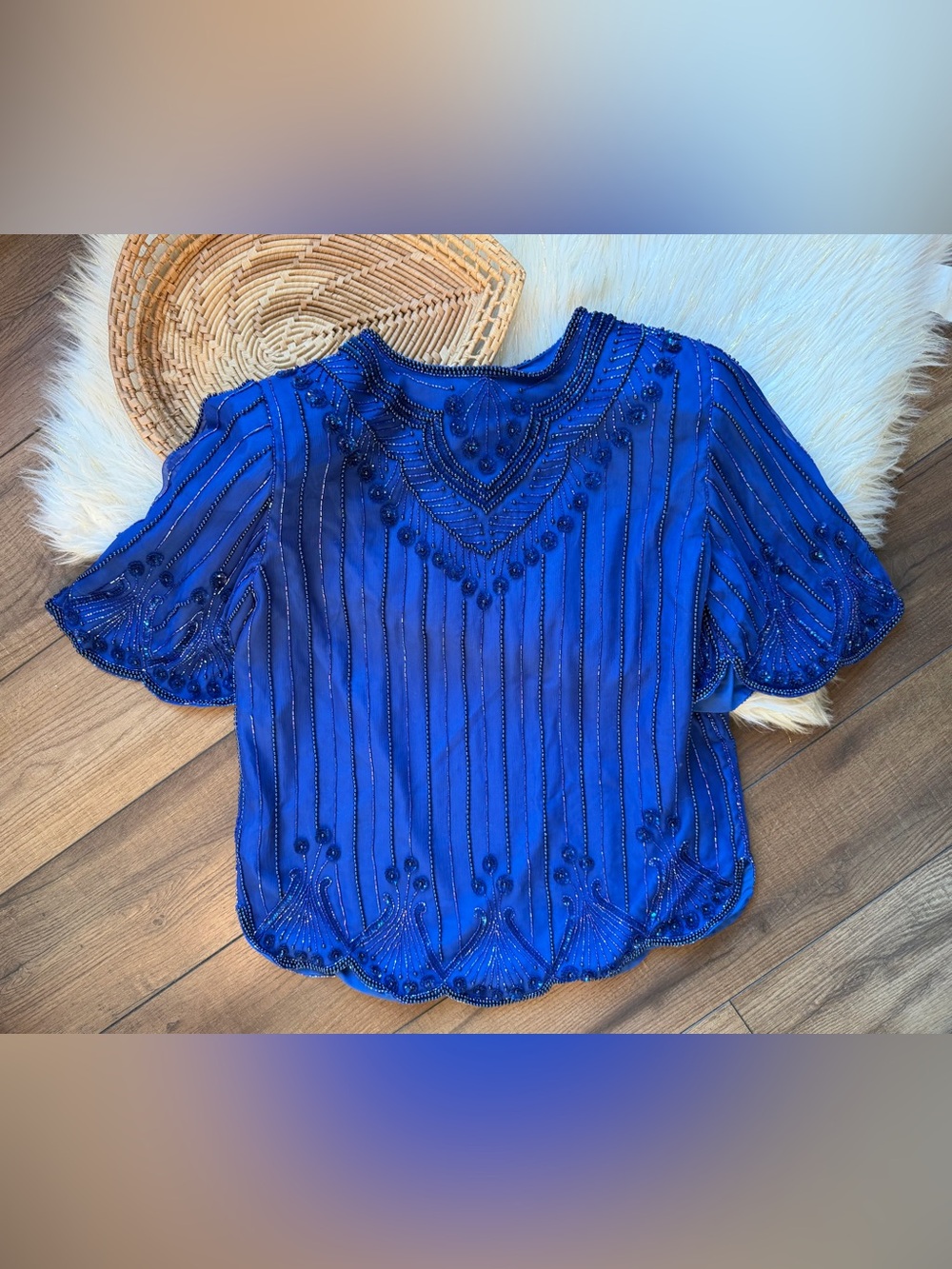 Vintage Scala Royal Blue Silk Beaded Sequin Short Sleeve Top Blouse Size Large
